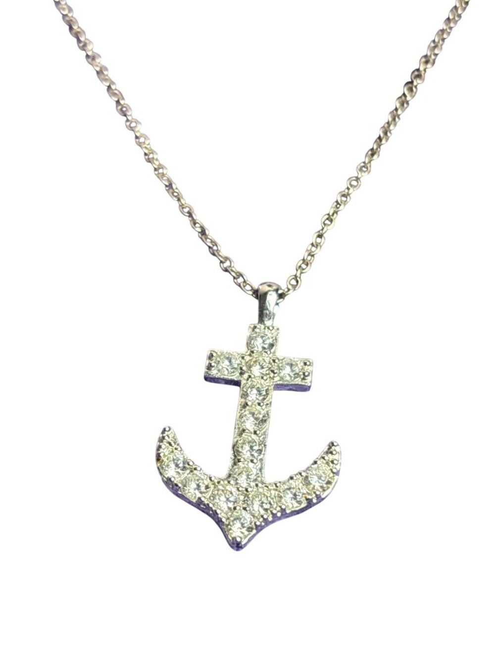Clear Rhinestone Anchor Pendant Necklace Silvertone Chain 18 - 20 inches Long